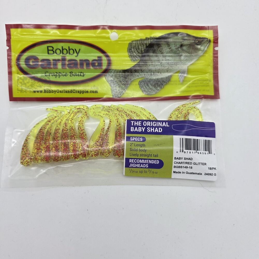 Bobby Garland Baby Shad 2” Chartreuse Red Glitter Crappie Baits Lot of 6